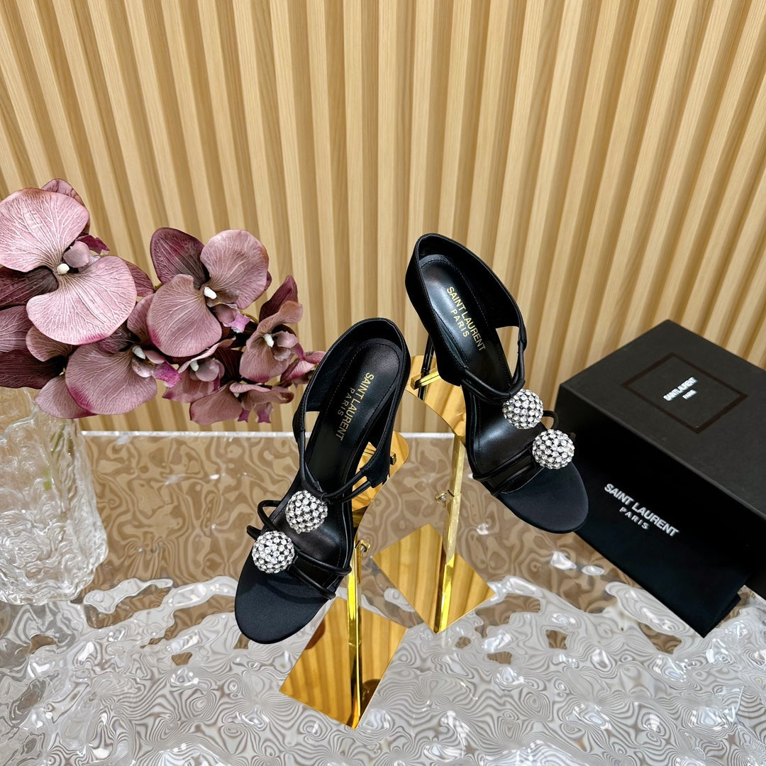 SL POM CIRCLE CRYSTAL HEELED SANDALS BLACK SATIN - 35