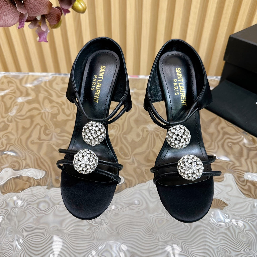 SL POM CIRCLE CRYSTAL HEELED SANDALS BLACK SATIN - 35