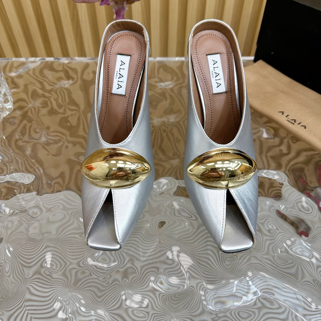 ALAIA AZZEDINE HIGH HEELS IN SILVER CALFSKIN WITH GOLD HARDWARE - 35
