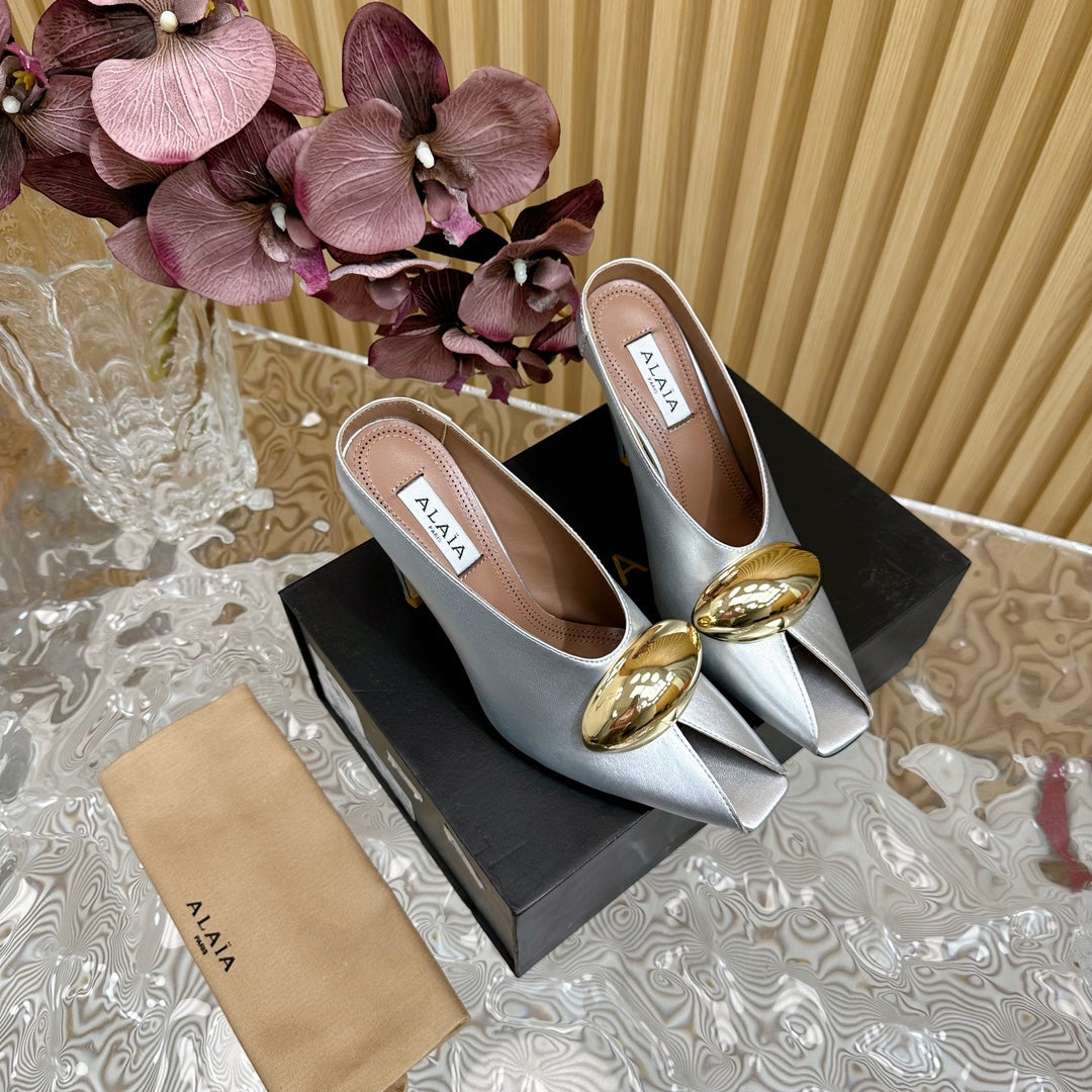 ALAIA AZZEDINE HIGH HEELS IN SILVER CALFSKIN WITH GOLD HARDWARE - 35