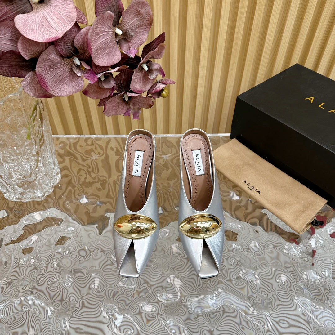 ALAIA AZZEDINE HIGH HEELS IN SILVER CALFSKIN WITH GOLD HARDWARE - 35