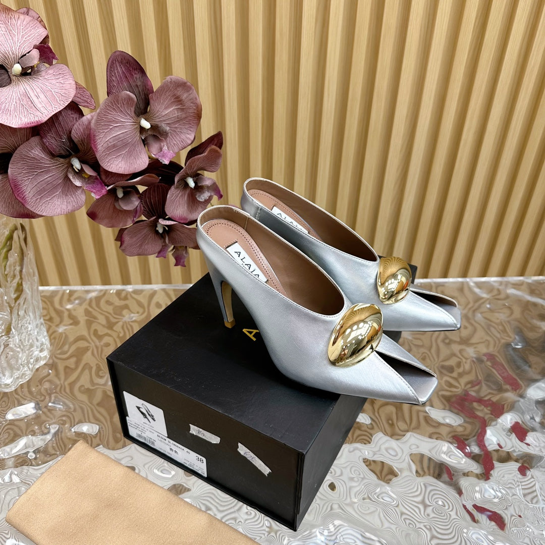ALAIA AZZEDINE HIGH HEELS IN SILVER CALFSKIN WITH GOLD HARDWARE - 35