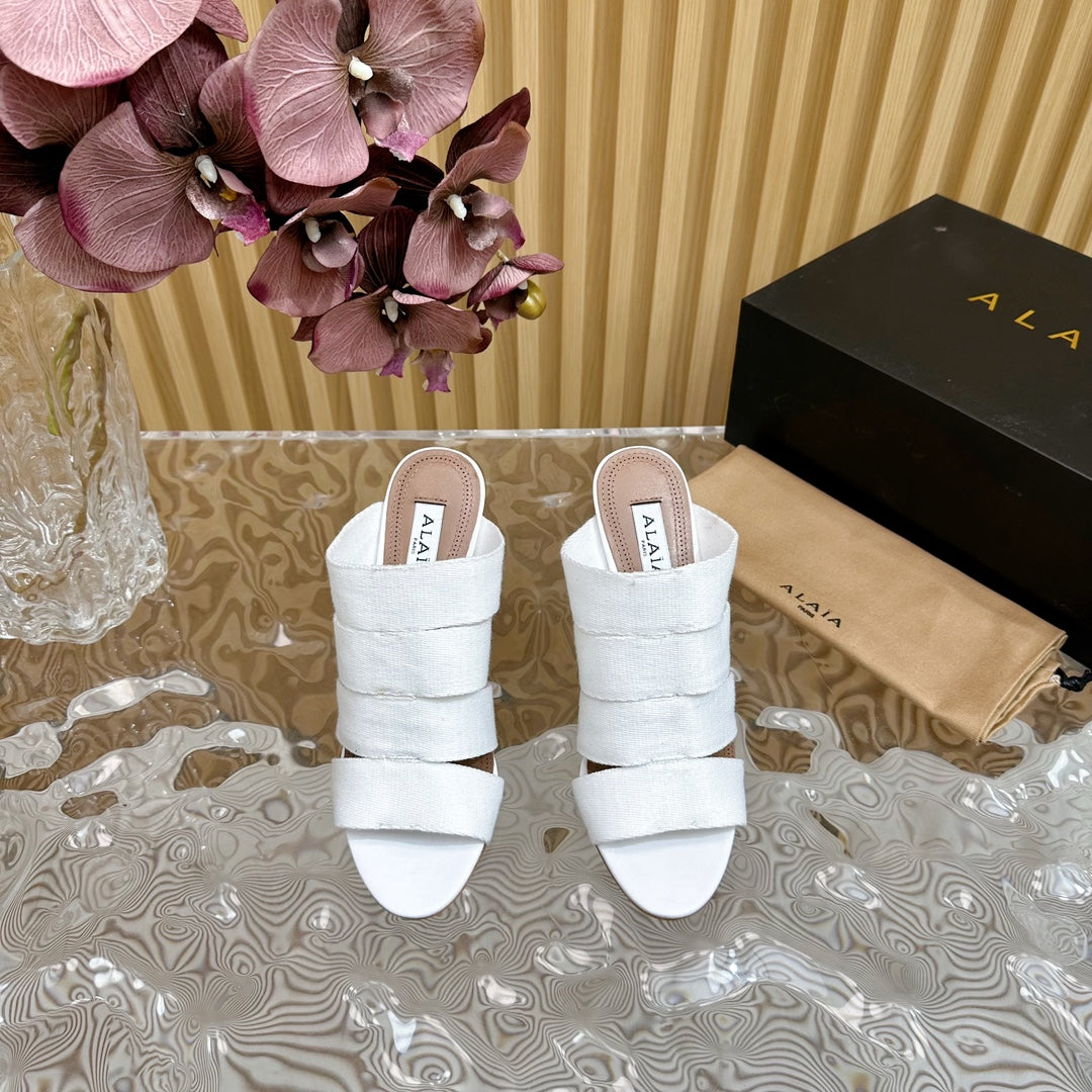 ALAIA ELASTIC CAGE MULE SANDALS IN WHITE WOVEN STRAP AND LAMBSKIN - 35