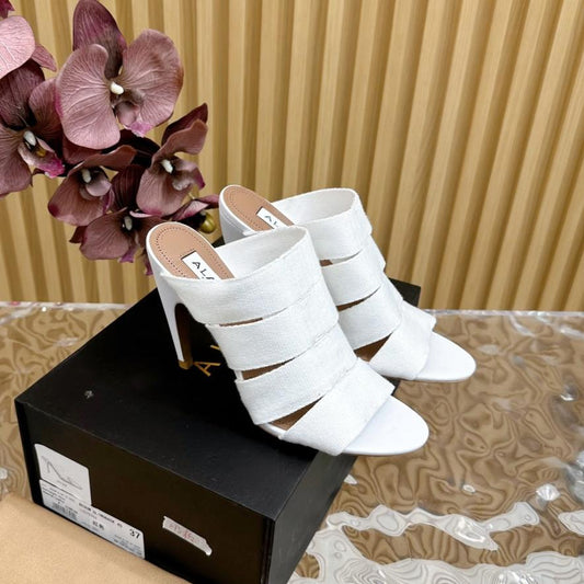 ALAIA ELASTIC CAGE MULE SANDALS IN WHITE WOVEN STRAP AND LAMBSKIN - 35