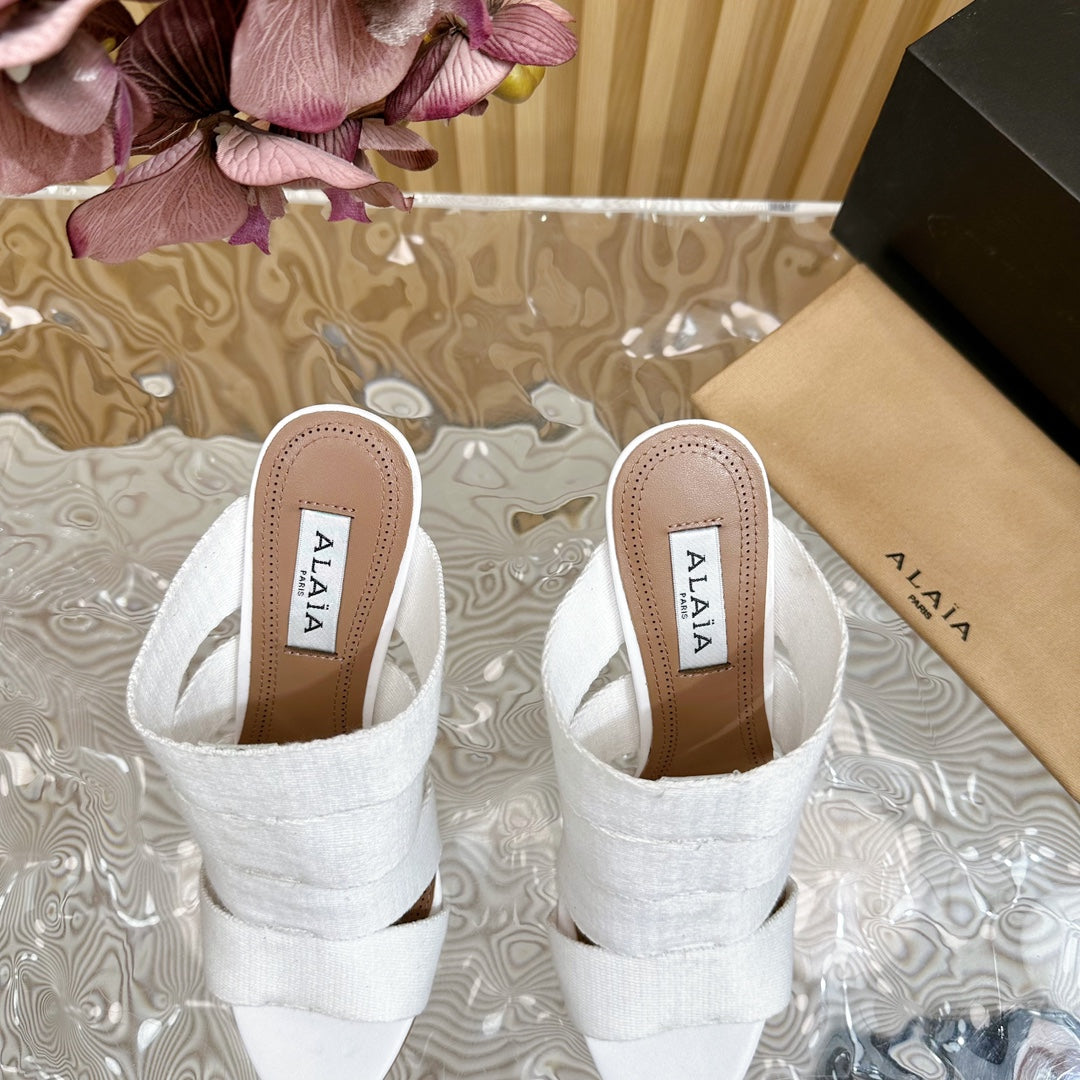 ALAIA ELASTIC CAGE MULE SANDALS IN WHITE WOVEN STRAP AND LAMBSKIN - 35