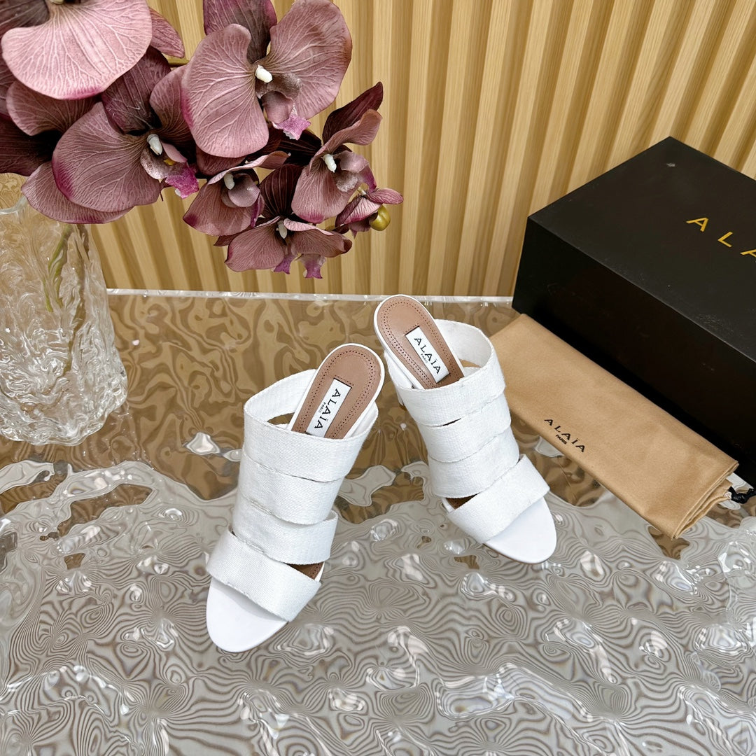 ALAIA ELASTIC CAGE MULE SANDALS IN WHITE WOVEN STRAP AND LAMBSKIN - 35