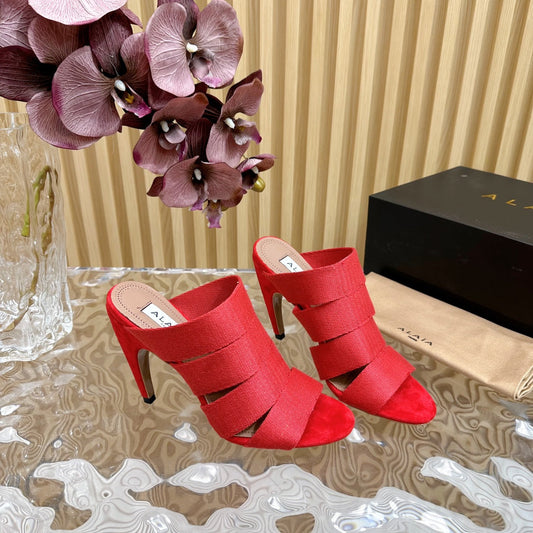 ALAIA ELASTIC CAGE MULE SANDALS IN CHERRY RED WOVEN STRAP AND LAMBSKIN - 35