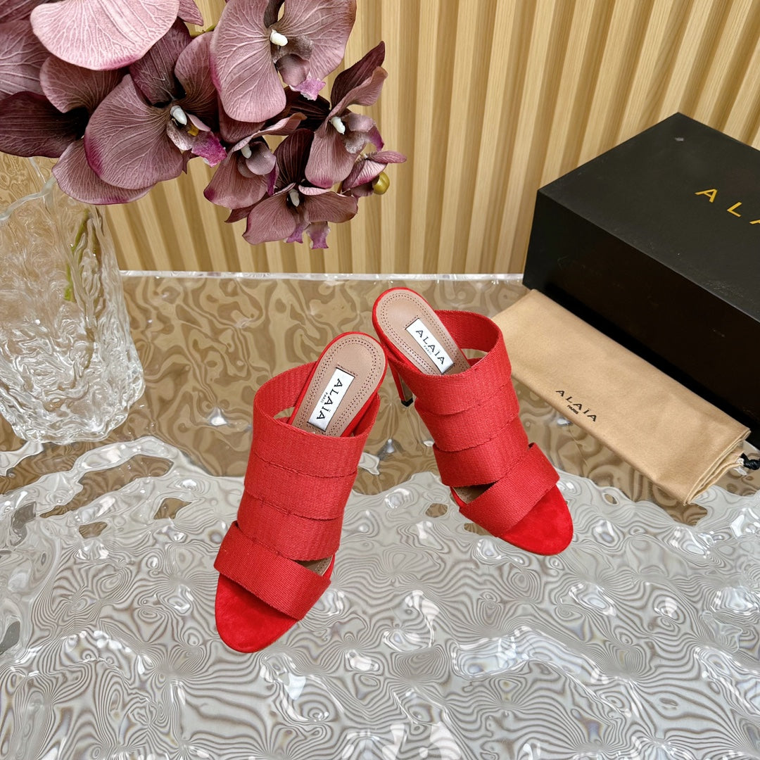ALAIA ELASTIC CAGE MULE SANDALS IN CHERRY RED WOVEN STRAP AND LAMBSKIN - 35