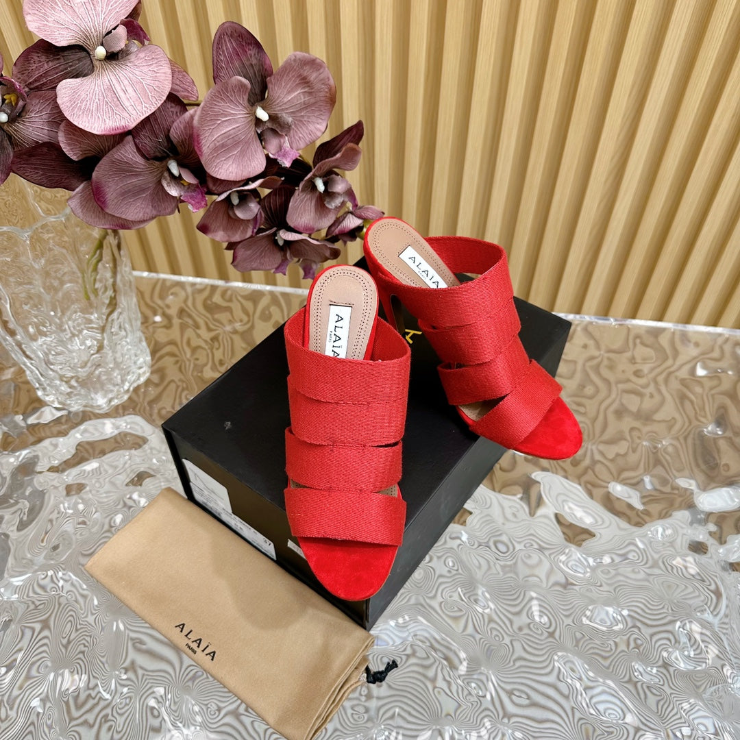ALAIA ELASTIC CAGE MULE SANDALS IN CHERRY RED WOVEN STRAP AND LAMBSKIN - 35