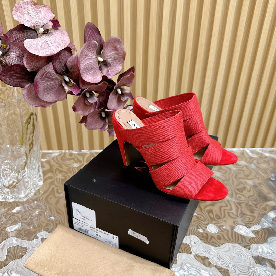 ALAIA ELASTIC CAGE MULE SANDALS IN CHERRY RED WOVEN STRAP AND LAMBSKIN - 35