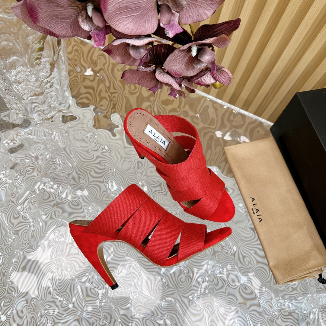 ALAIA ELASTIC CAGE MULE SANDALS IN CHERRY RED WOVEN STRAP AND LAMBSKIN - 35