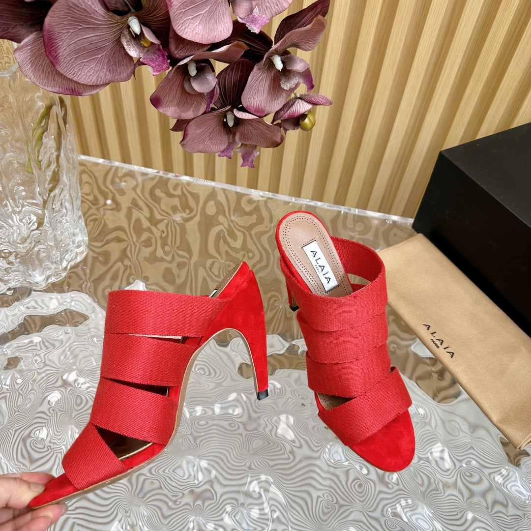 ALAIA ELASTIC CAGE MULE SANDALS IN CHERRY RED WOVEN STRAP AND LAMBSKIN - 35