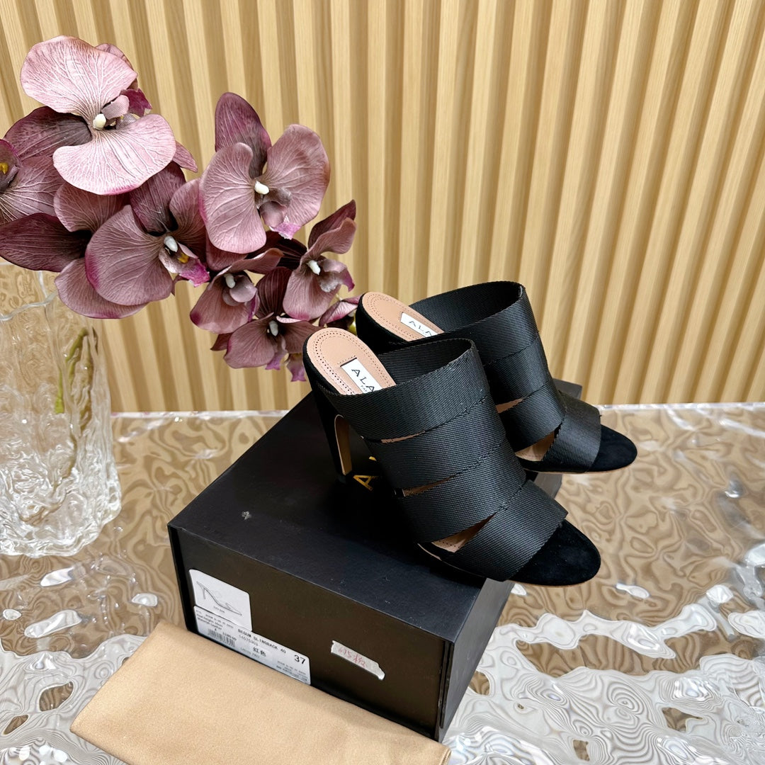 ALAIA ELASTIC CAGE MULE SANDALS IN BLACK WOVEN STRAP AND LAMBSKIN - 35