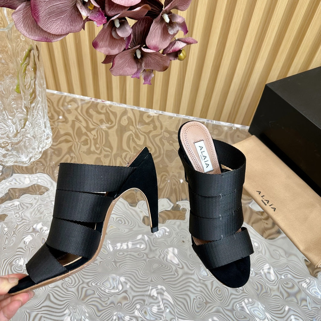 ALAIA ELASTIC CAGE MULE SANDALS IN BLACK WOVEN STRAP AND LAMBSKIN - 35