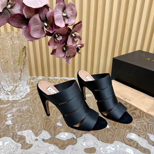 ALAIA ELASTIC CAGE MULE SANDALS IN BLACK WOVEN STRAP AND LAMBSKIN - 35