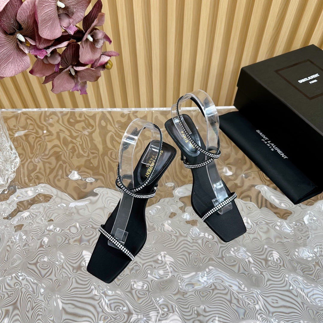 SL STRAP WHITE CRYSTAL HIGH SANDAL BLACK SATIN - 35