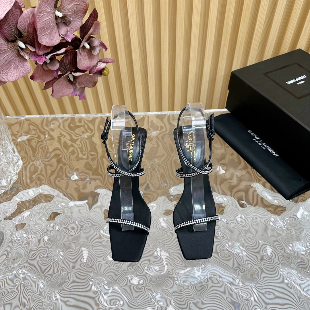 NUIT SANDALS 85 IN BLACK CREPE SATIN AND WHITE RHINESTONES - 35