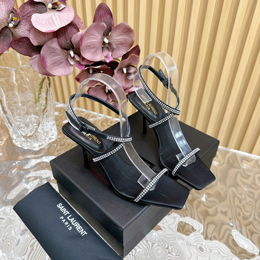 NUIT SANDALS 85 IN BLACK CREPE SATIN AND WHITE RHINESTONES - 35