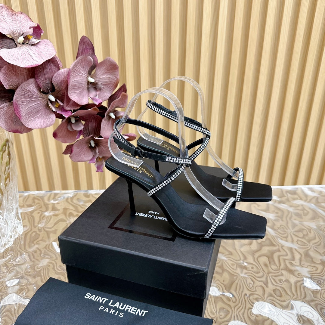 NUIT SANDALS 85 IN BLACK CREPE SATIN AND WHITE RHINESTONES - 35