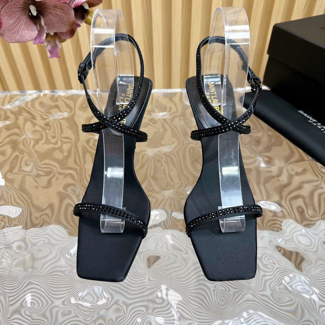 NUIT SANDALS 85 IN BLACK CREPE SATIN AND BLACK RHINESTONES - 35