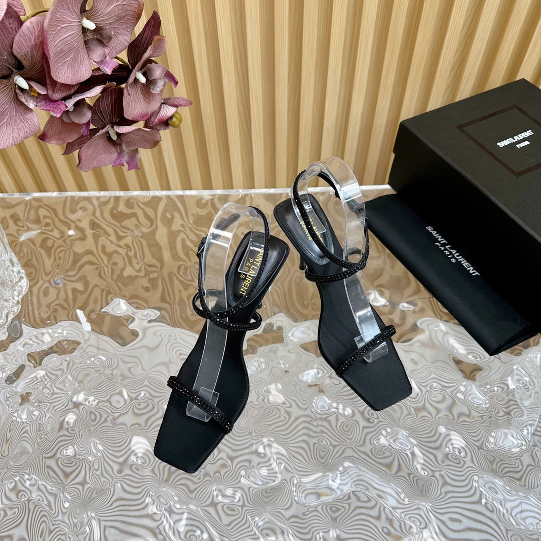 NUIT SANDALS 85 IN BLACK CREPE SATIN AND BLACK RHINESTONES - 35
