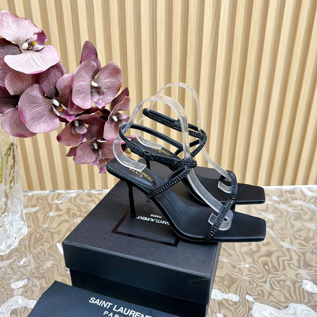NUIT SANDALS 85 IN BLACK CREPE SATIN AND BLACK RHINESTONES - 35