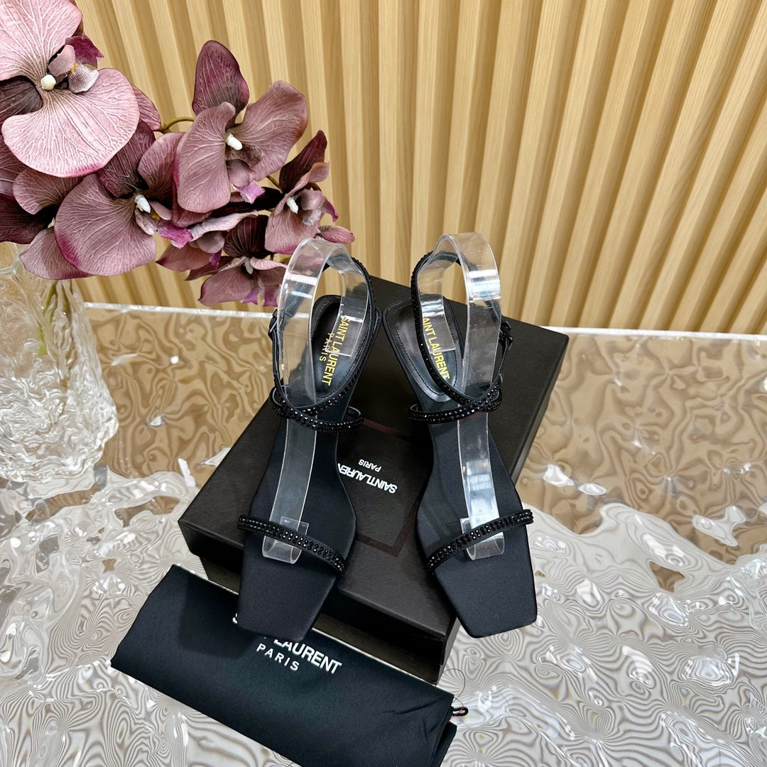 SL STRAP CRYSTAL HIGH SANDAL BLACK SATIN - 35