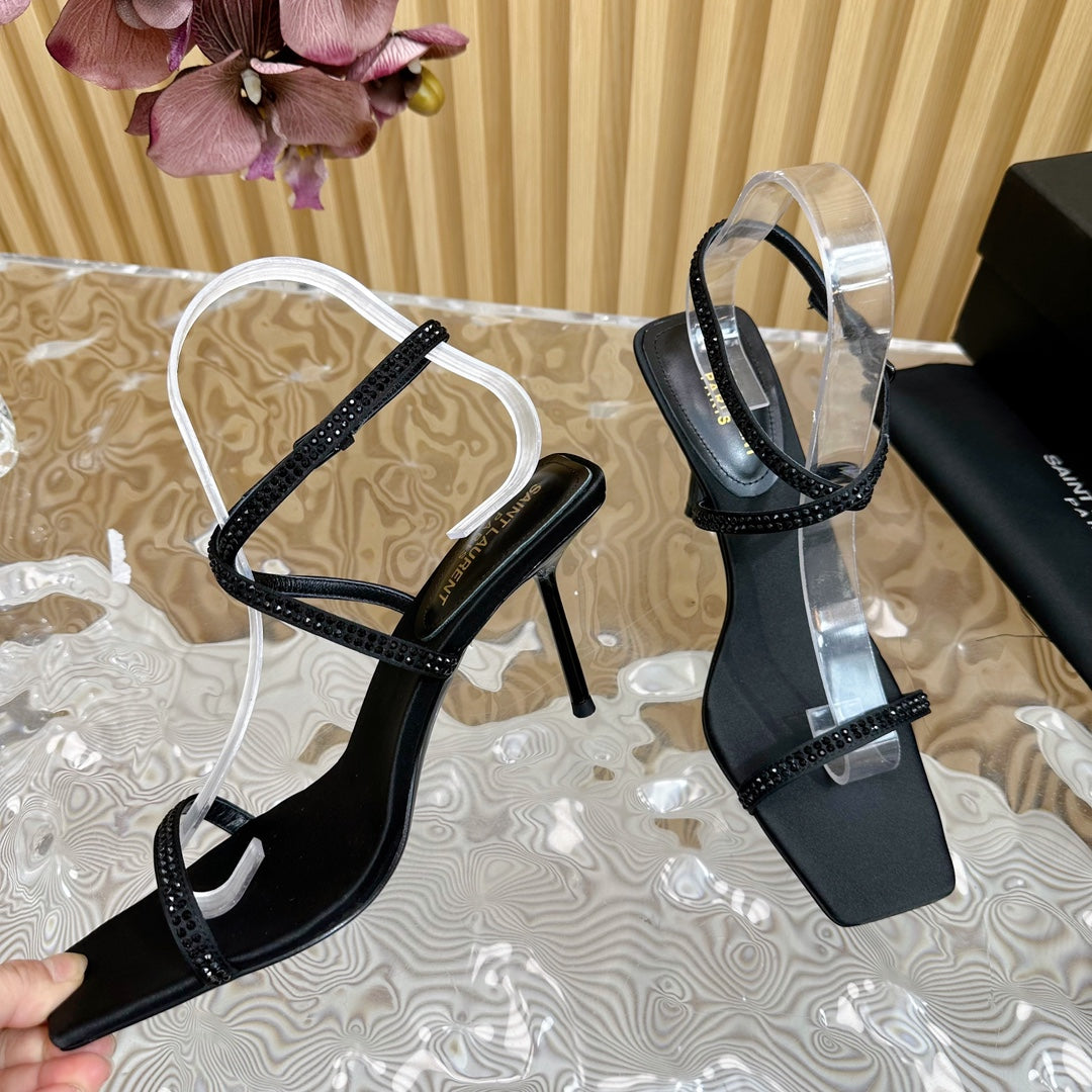 NUIT SANDALS 85 IN BLACK CREPE SATIN AND BLACK RHINESTONES - 35
