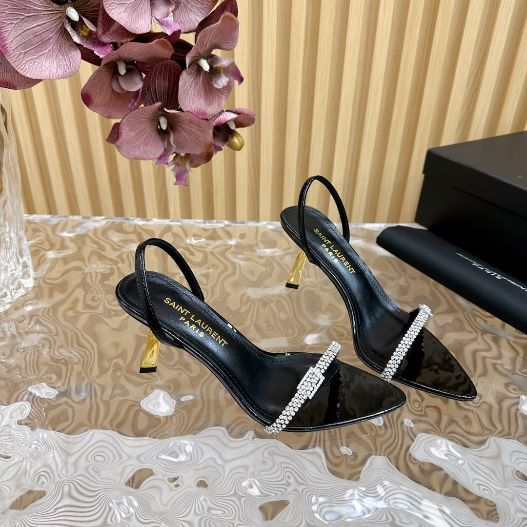 RENDEZ-VOUS SANDALS 70 IN SATIN CREPE PATENT BLACK LEATHER - 35