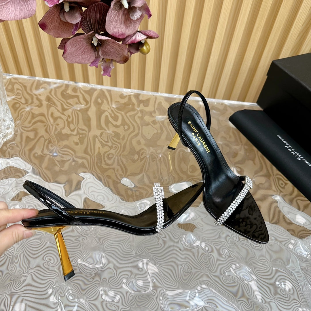 RENDEZ-VOUS SANDALS 70 IN SATIN CREPE PATENT BLACK LEATHER - 35