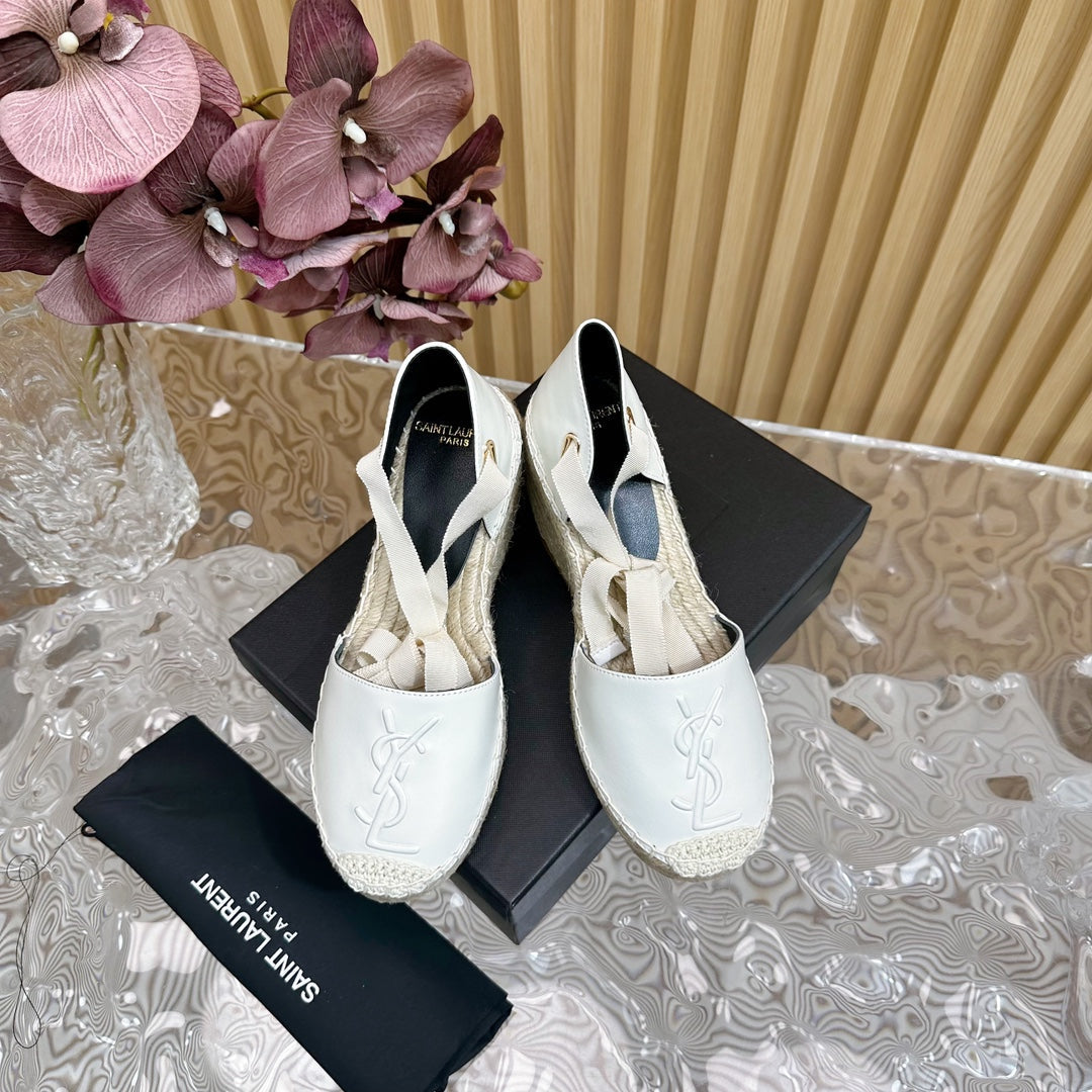 SL WEDGE SANDALS WHITE CALFSKIN AND STRAW - 35