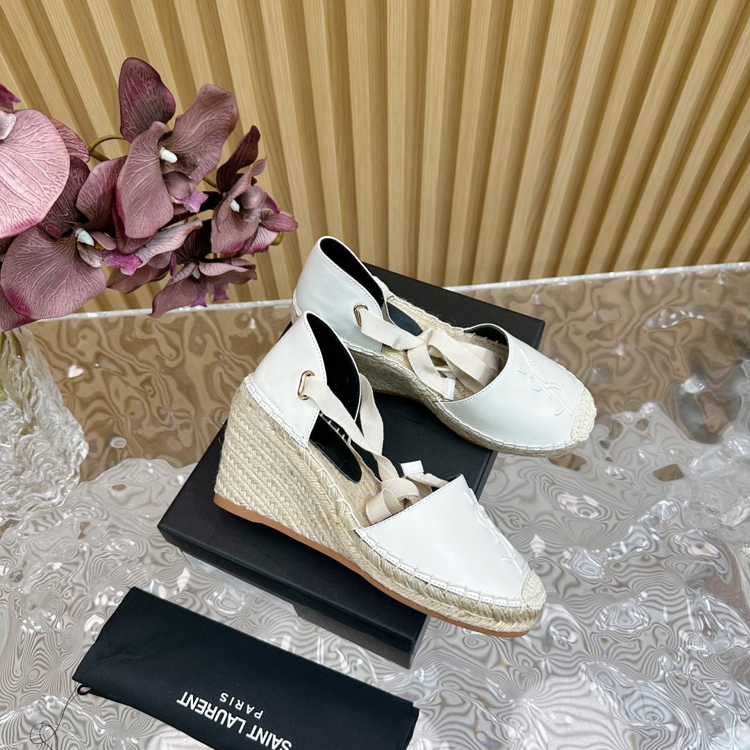 SL WEDGE SANDALS WHITE CALFSKIN AND STRAW - 35
