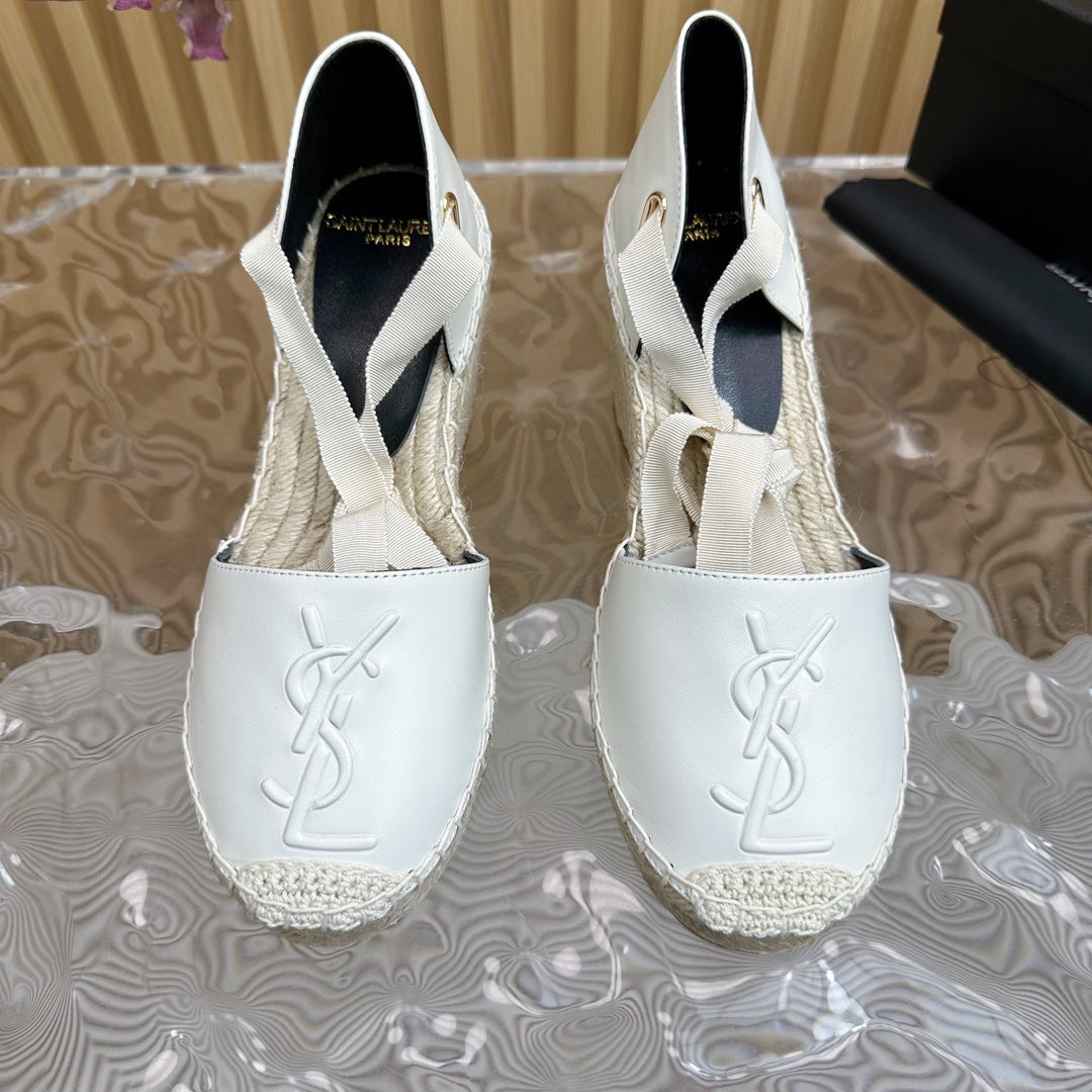 SL WEDGE SANDALS WHITE CALFSKIN AND STRAW - 35
