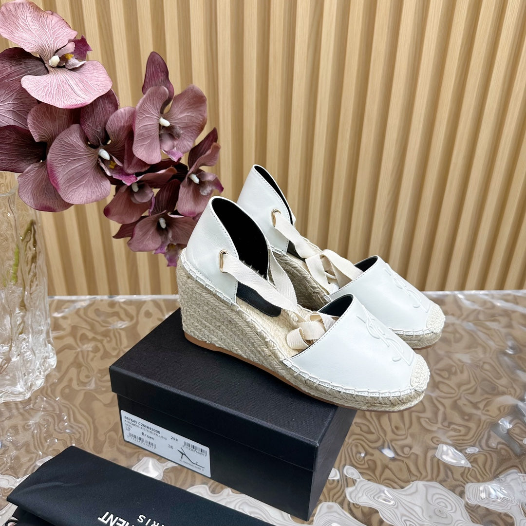 SL WEDGE SANDALS WHITE CALFSKIN AND STRAW - 35