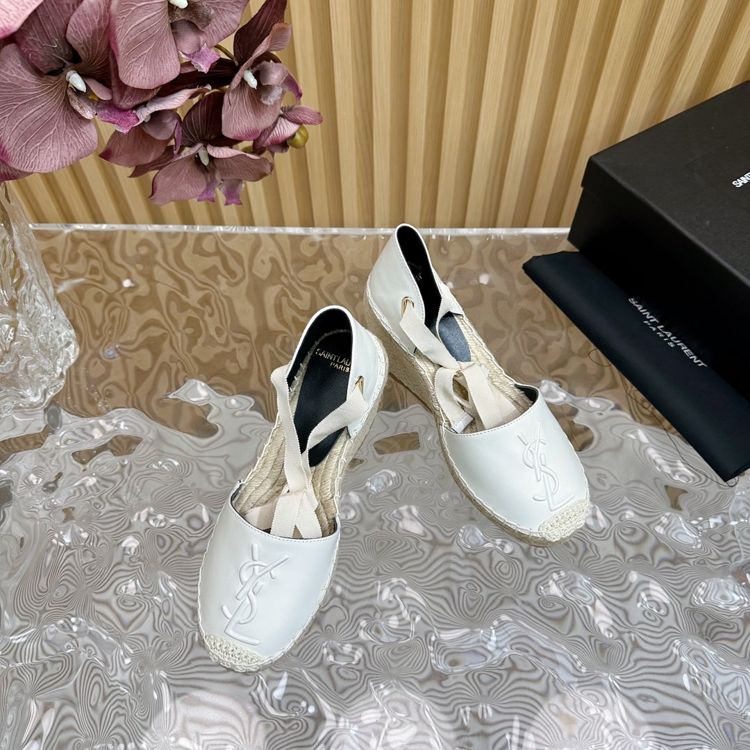 SL WEDGE SANDALS WHITE CALFSKIN AND STRAW - 35