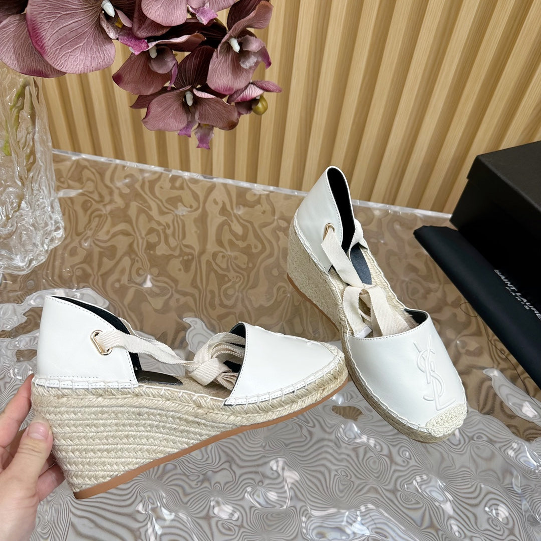 SL WEDGE SANDALS WHITE CALFSKIN AND STRAW - 35