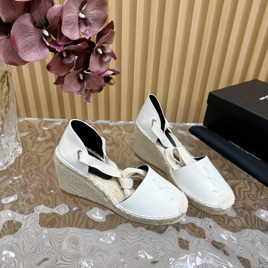 SL WEDGE SANDALS WHITE CALFSKIN AND STRAW - 35