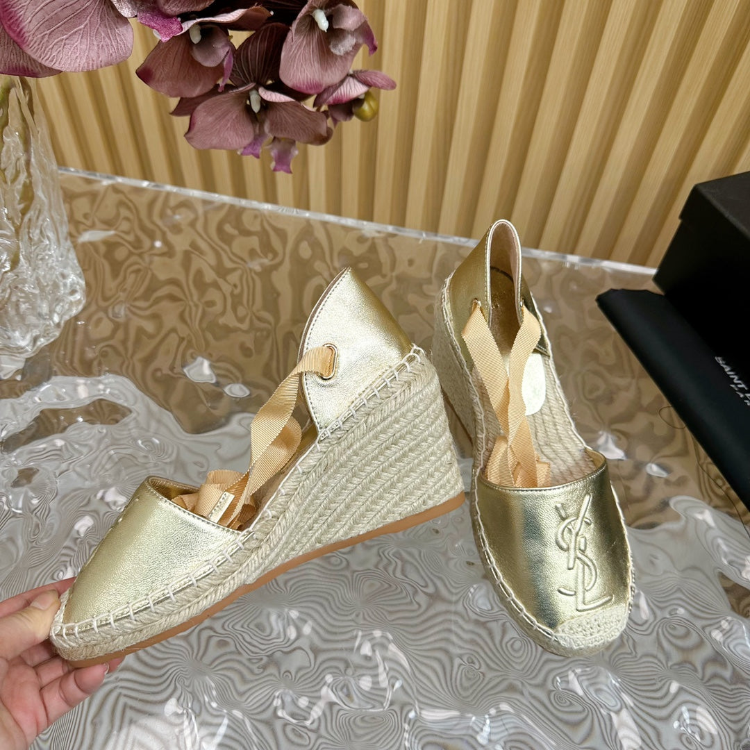 SL WEDGE SANDALS METALLIC GOLD CALFSKIN AND STRAW - 35