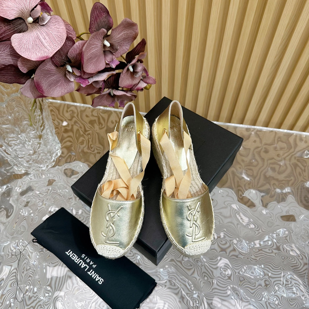 SL WEDGE SANDALS METALLIC GOLD CALFSKIN AND STRAW - 35