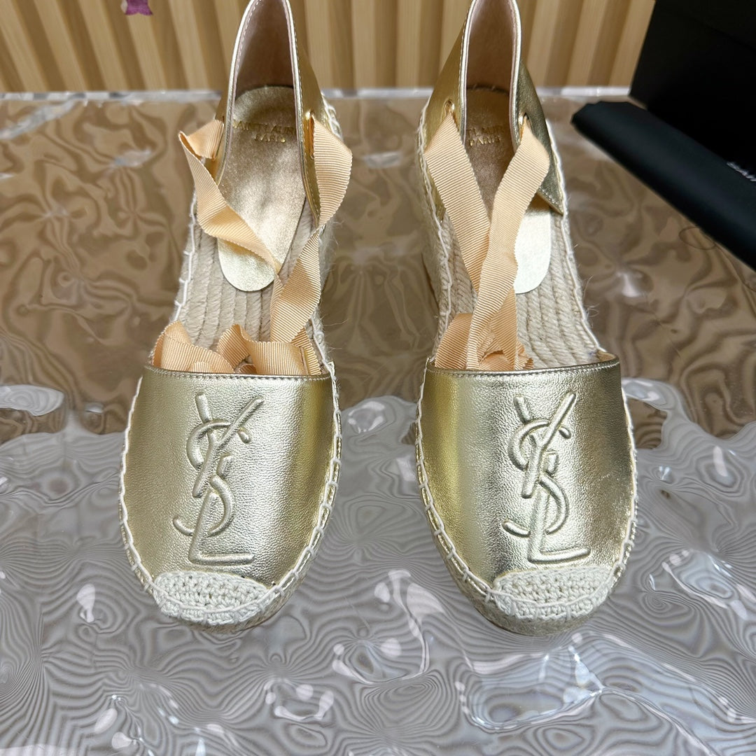 SL WEDGE SANDALS METALLIC GOLD CALFSKIN AND STRAW - 35