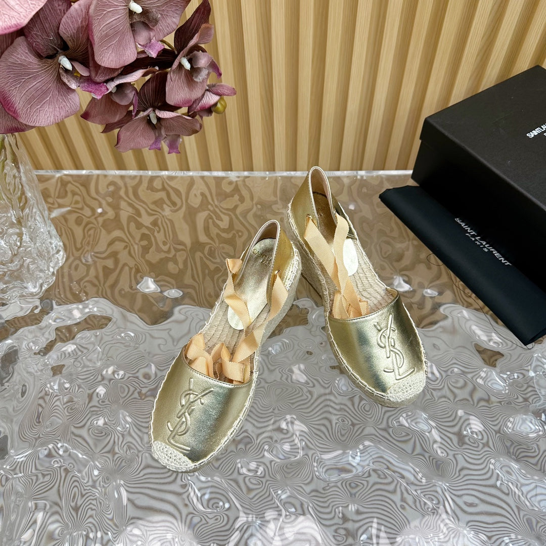SL WEDGE SANDALS METALLIC GOLD CALFSKIN AND STRAW - 35