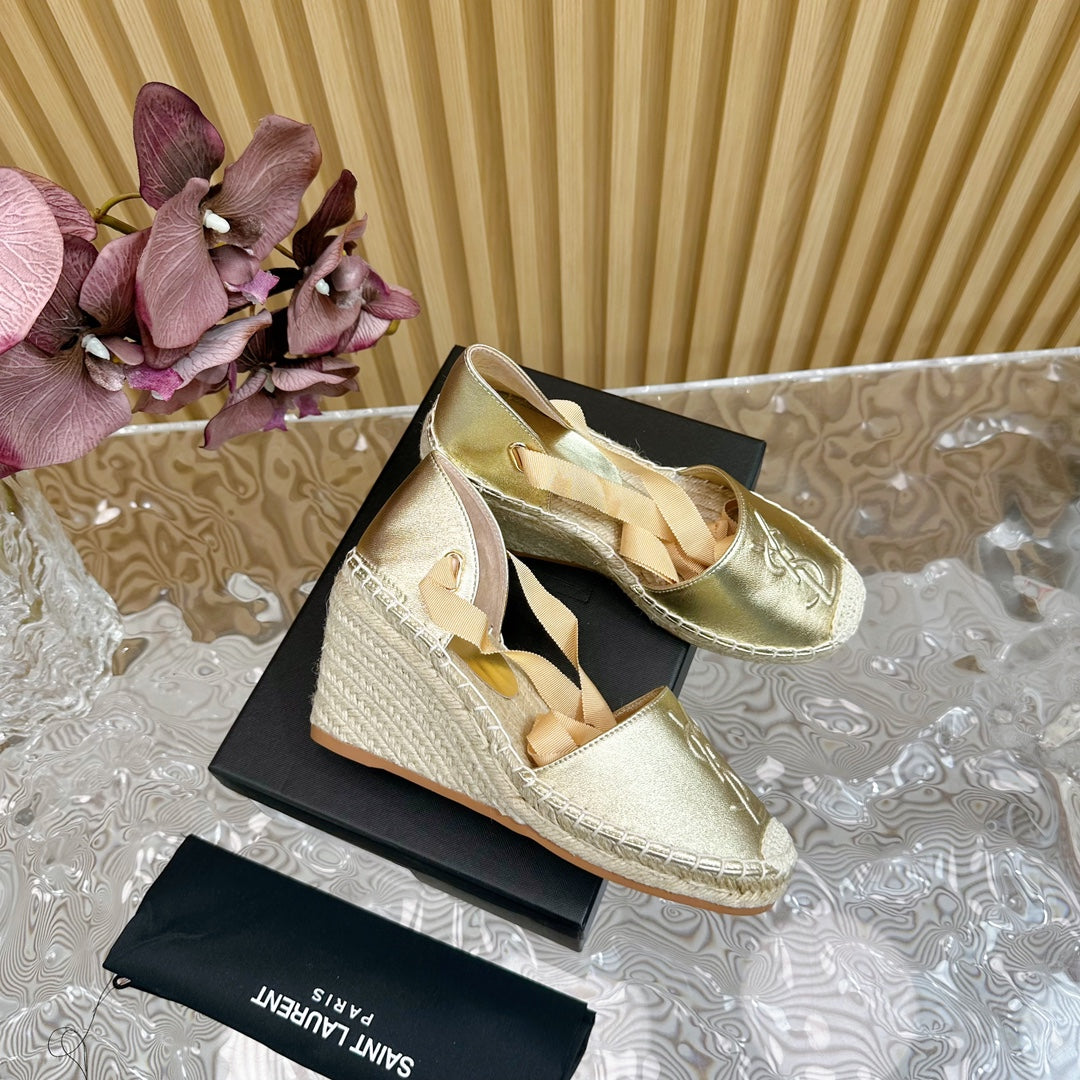SL WEDGE SANDALS METALLIC GOLD CALFSKIN AND STRAW - 35