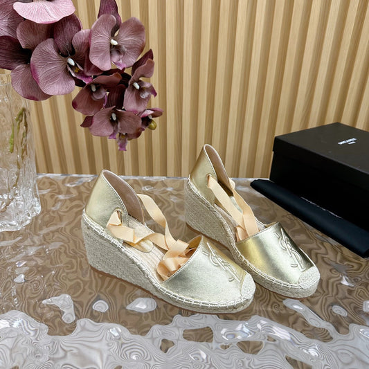 SL WEDGE SANDALS METALLIC GOLD CALFSKIN AND STRAW - 35