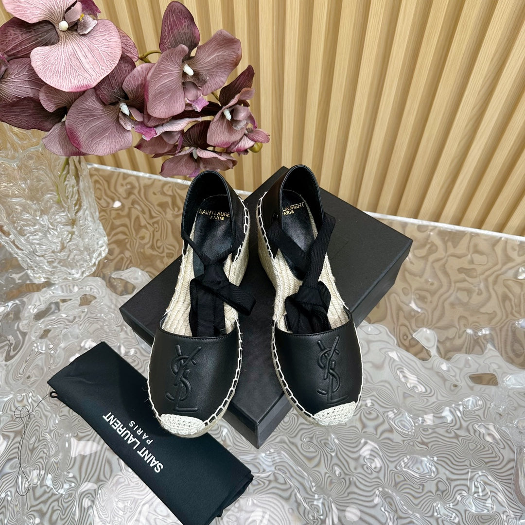 SL WEDGE SANDALS BLACK CALFSKIN AND STRAW - 35