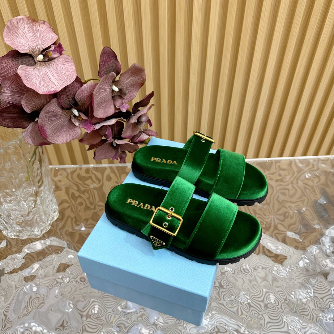 PRA SLIDES SANDALS DARK GREEN VELVET - 35