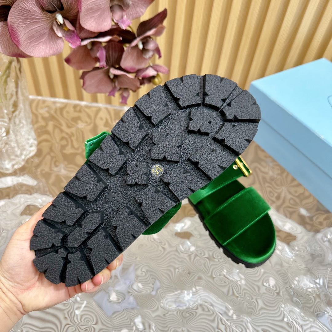 PRA SLIDES SANDALS DARK GREEN VELVET - 35