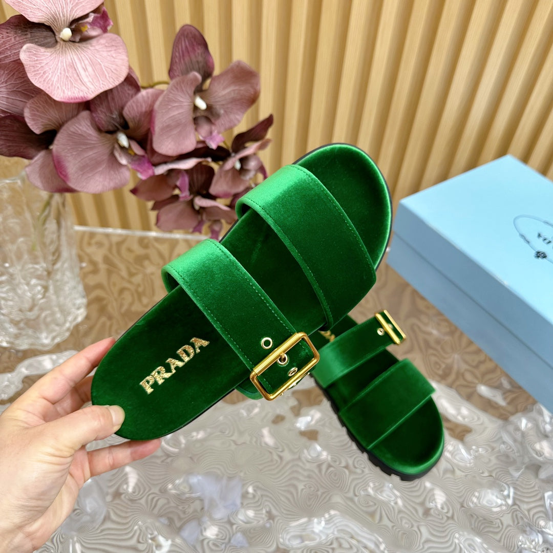 PRA SLIDES SANDALS DARK GREEN VELVET - 35
