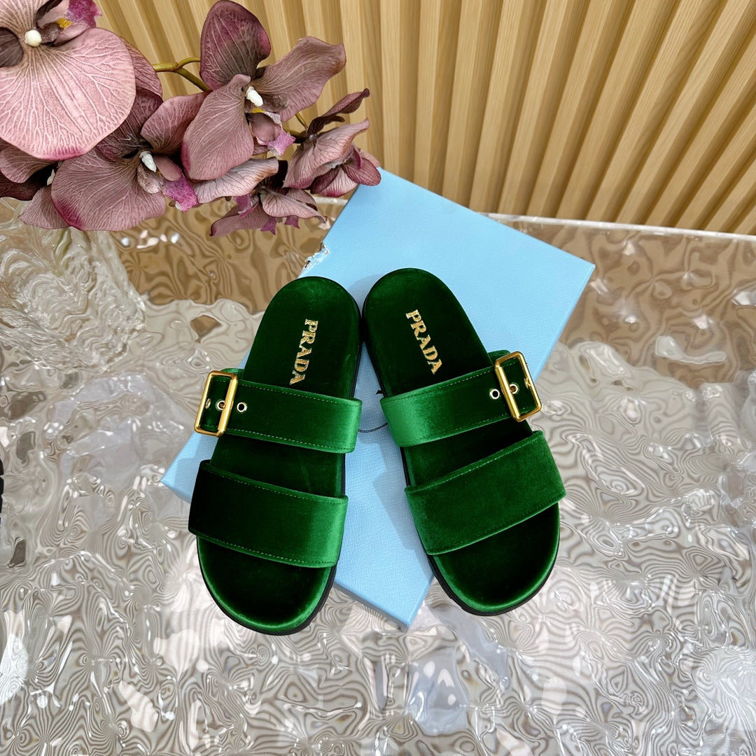 PRA SLIDES SANDALS DARK GREEN VELVET - 35
