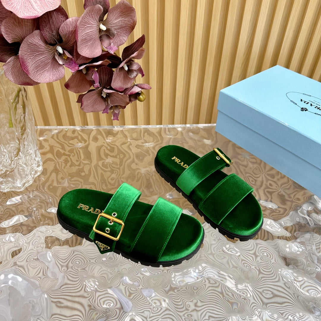 PRA SLIDES SANDALS DARK GREEN VELVET - 35