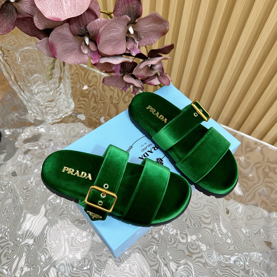 PRA SLIDES SANDALS DARK GREEN VELVET - 35